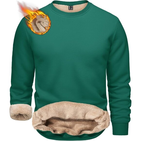 Mens Crewneck Sweatshirt Fleece Lined Warm Green Outdoor Long Sleeve Pullover - Picture 1 of 6